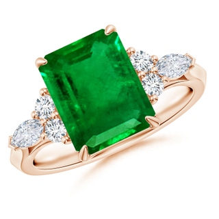 10x8mm AAAA Emerald-Cut Emerald Side Stone Engagement Ring with Diamonds in Rose Gold