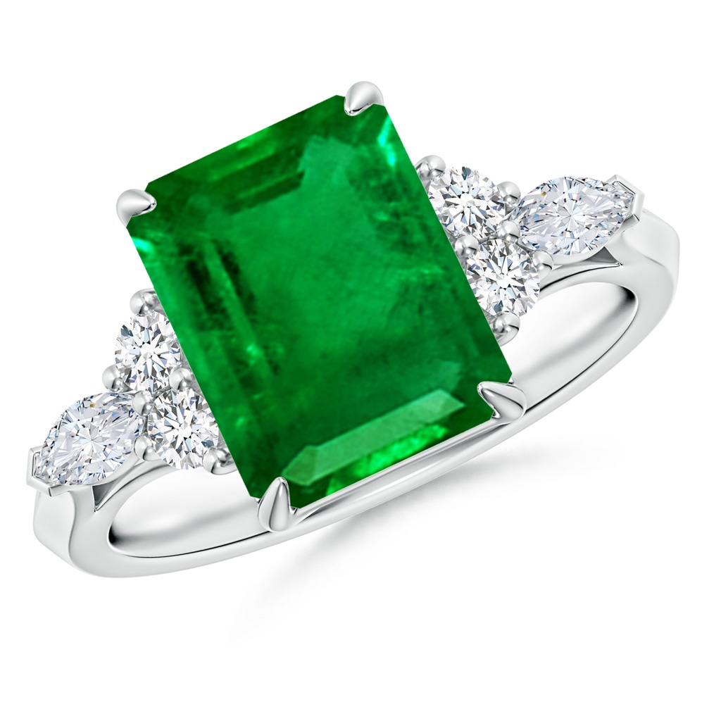 10x8mm AAAA Emerald-Cut Emerald Side Stone Engagement Ring with Diamonds in White Gold