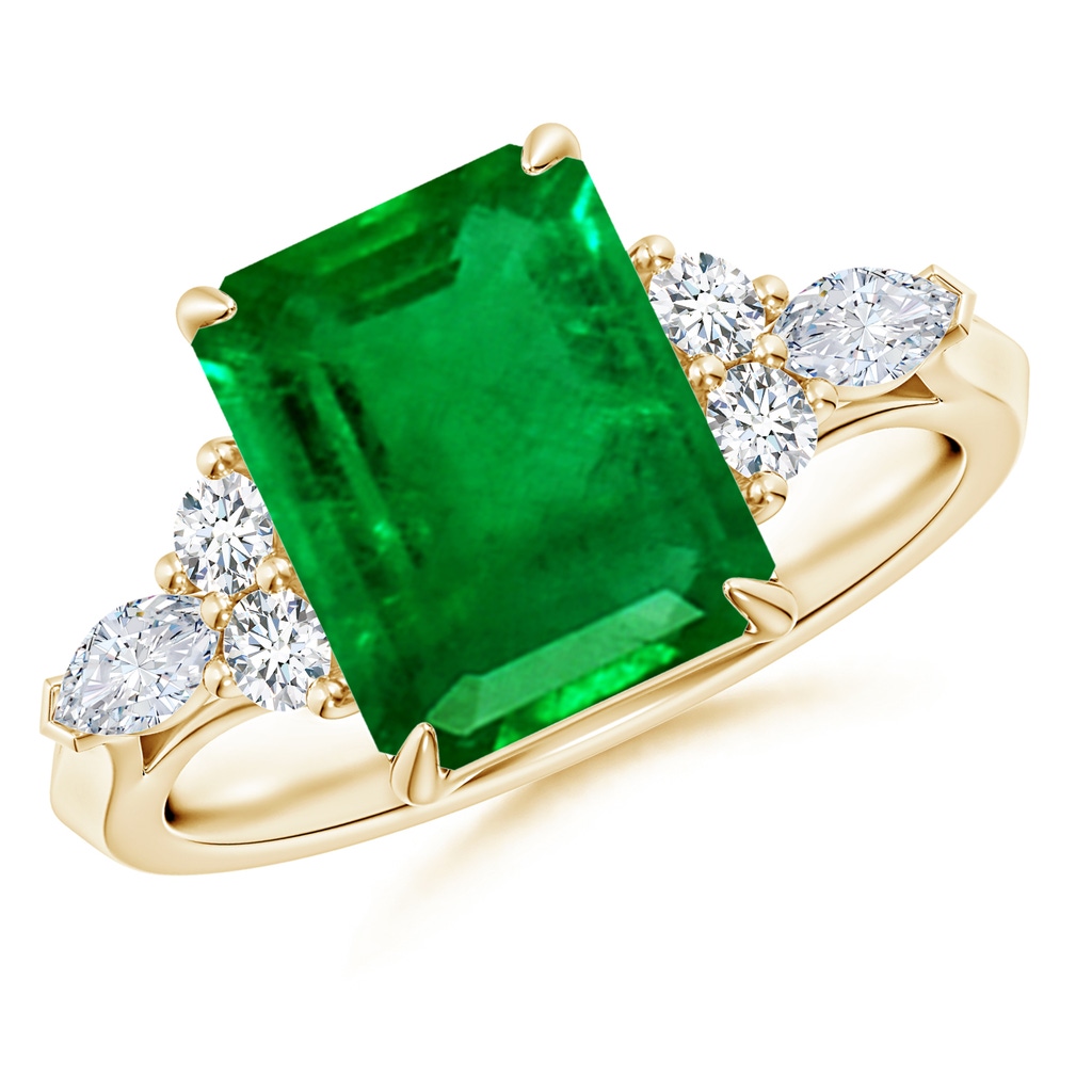 10x8mm AAAA Emerald-Cut Emerald Side Stone Engagement Ring with Diamonds in Yellow Gold