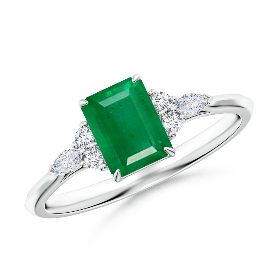 7x5mm AA Emerald-Cut Emerald Side Stone Engagement Ring with Diamonds in White Gold 