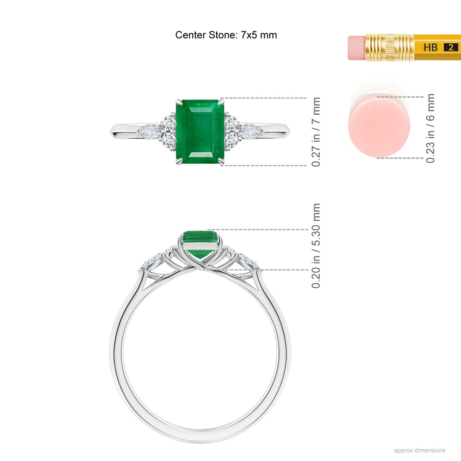7x5mm AA Emerald-Cut Emerald Side Stone Engagement Ring with Diamonds in White Gold ruler