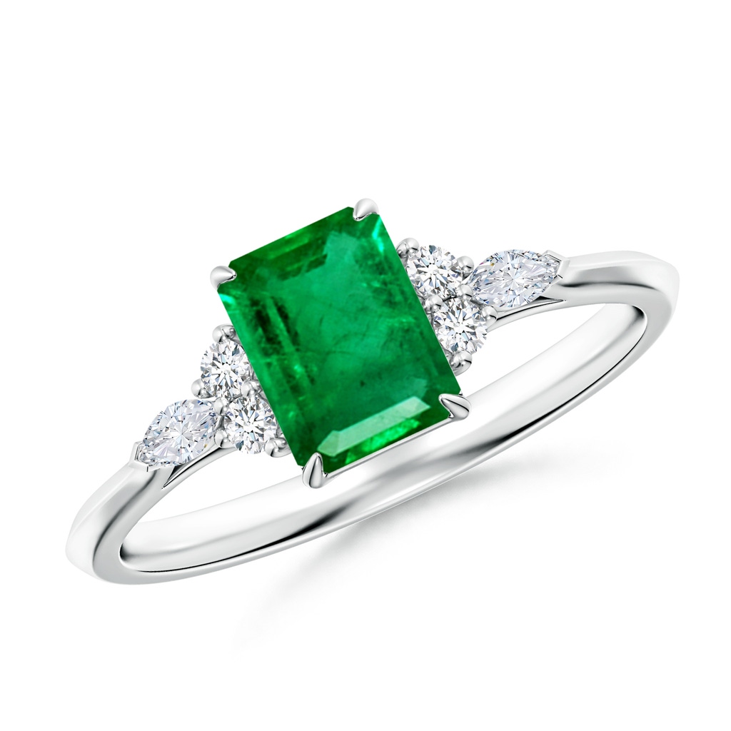 7x5mm AAA Emerald-Cut Emerald Side Stone Engagement Ring with Diamonds in White Gold