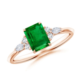 7x5mm AAAA Emerald-Cut Emerald Side Stone Engagement Ring with Diamonds in 9K Rose Gold