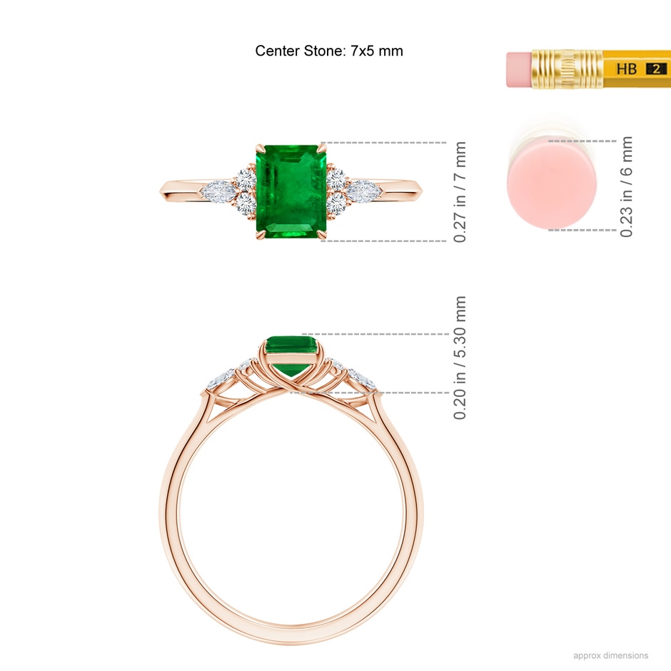7x5mm AAAA Emerald-Cut Emerald Side Stone Engagement Ring with Diamonds in Rose Gold ruler