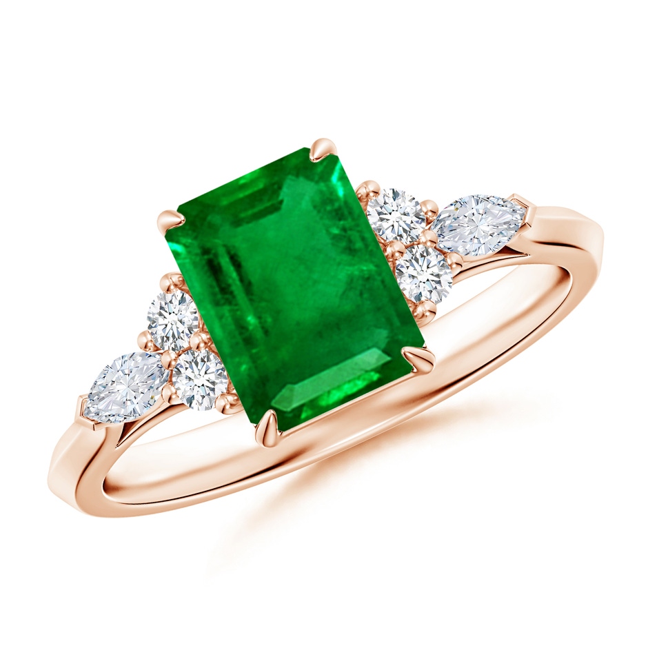 8x6mm AAAA Emerald-Cut Emerald Side Stone Engagement Ring with Diamonds in Rose Gold 