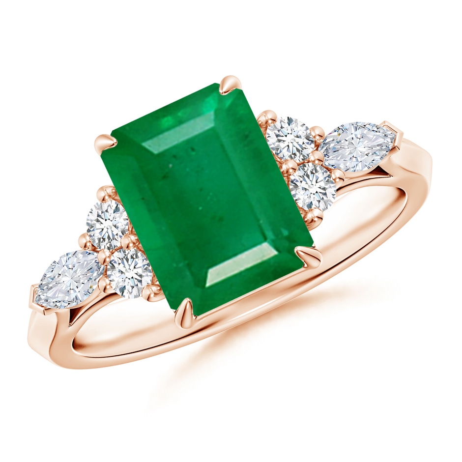 9x7mm AA Emerald-Cut Emerald Side Stone Engagement Ring with Diamonds in 18K Rose Gold 