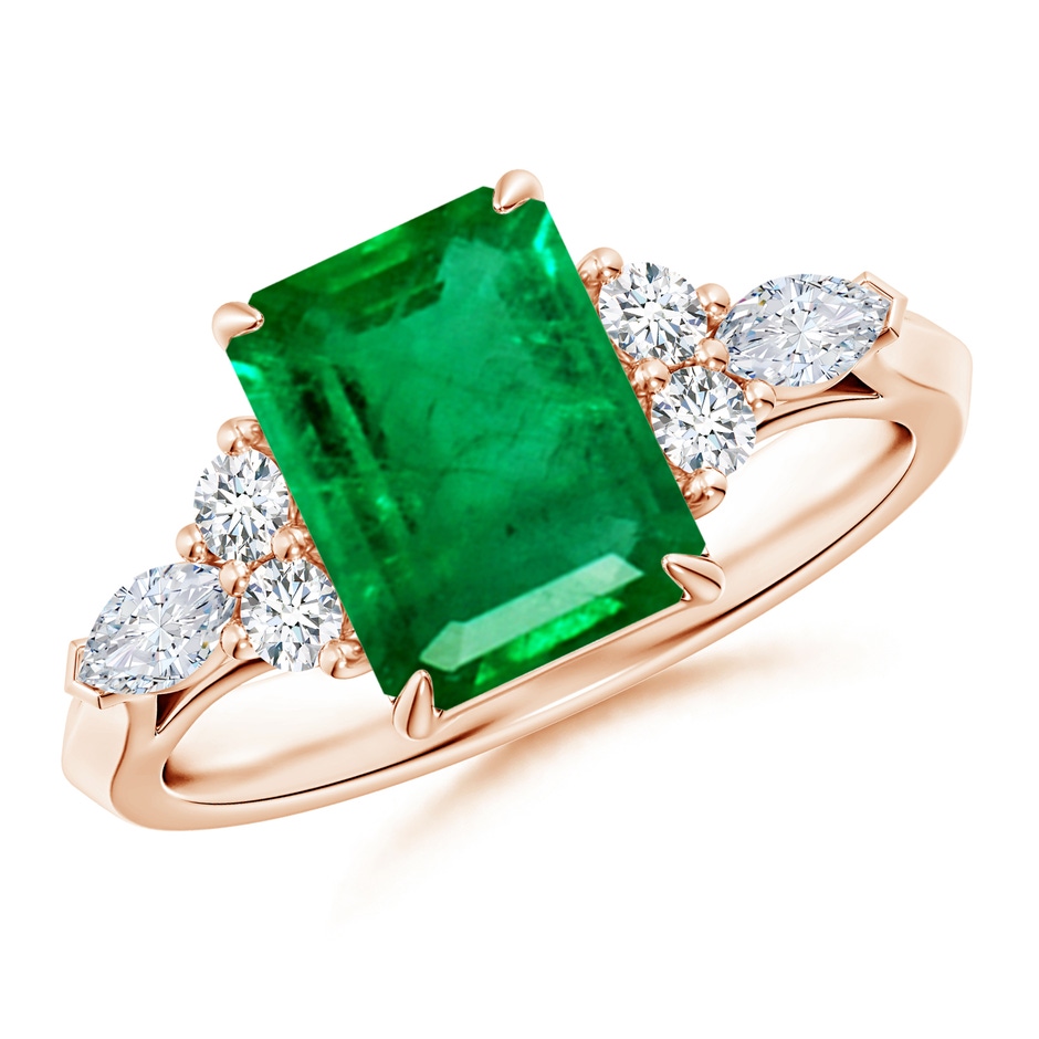 9x7mm AAA Emerald-Cut Emerald Side Stone Engagement Ring with Diamonds in 18K Rose Gold 