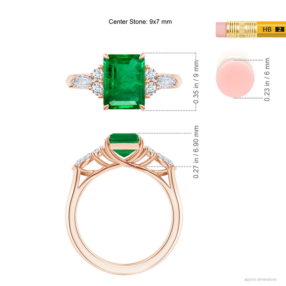 9x7mm AAA Emerald-Cut Emerald Side Stone Engagement Ring with Diamonds in 18K Rose Gold ruler