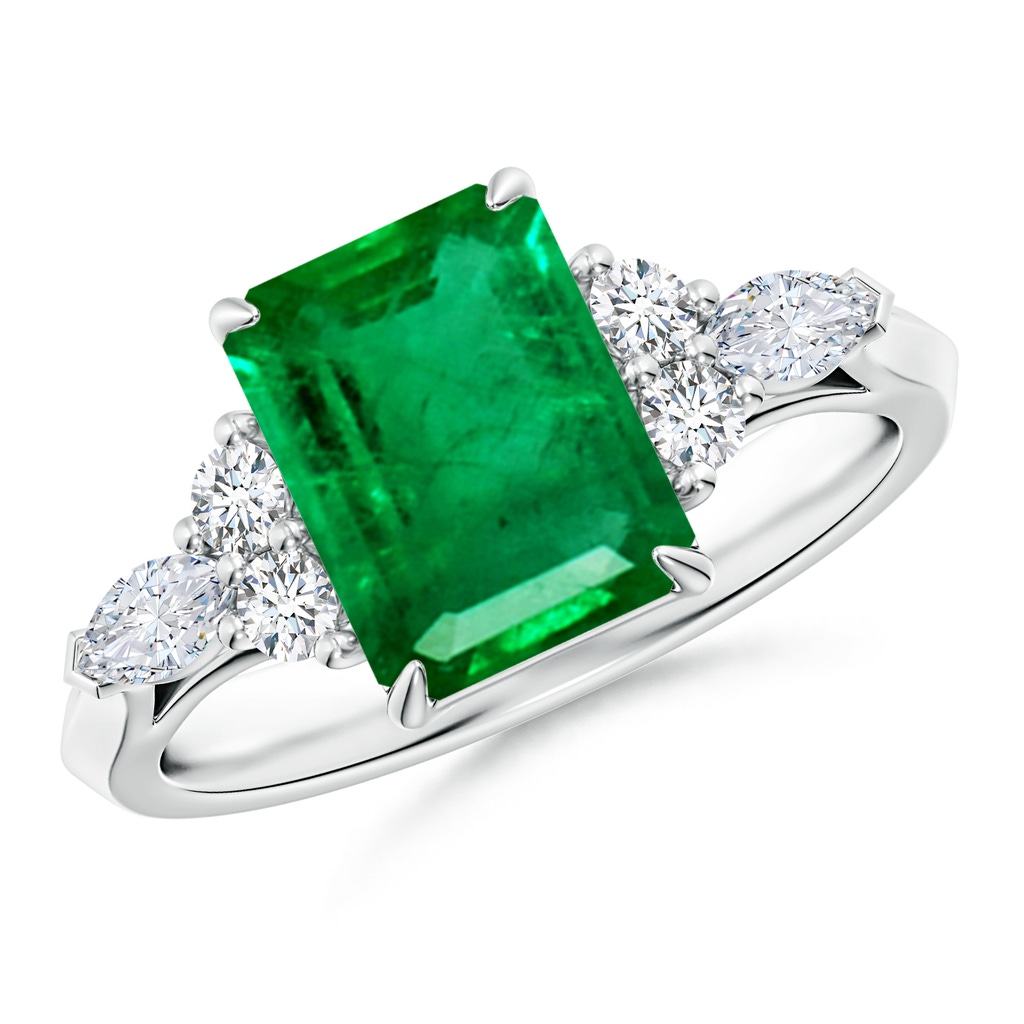 9x7mm AAA Emerald-Cut Emerald Side Stone Engagement Ring with Diamonds in White Gold