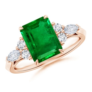 9x7mm AAAA Emerald-Cut Emerald Side Stone Engagement Ring with Diamonds in 9K Rose Gold