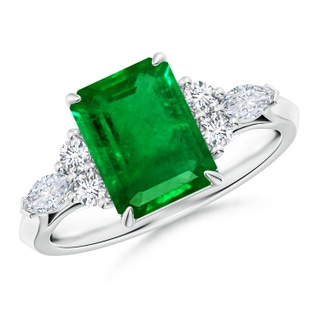 9x7mm AAAA Emerald-Cut Emerald Side Stone Engagement Ring with Diamonds in P950 Platinum