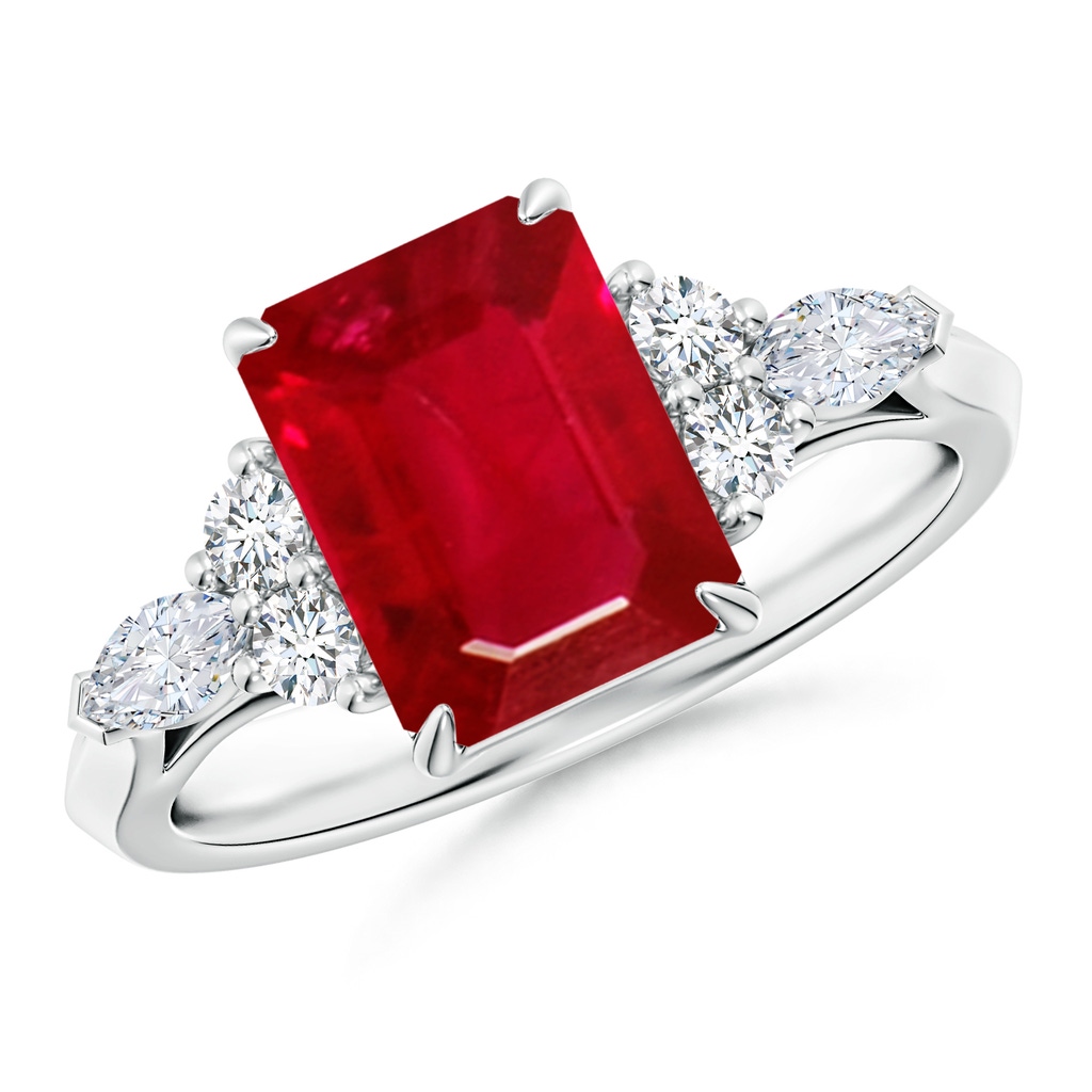 9x7mm AAA Emerald-Cut Ruby Side Stone Engagement Ring with Diamonds in White Gold