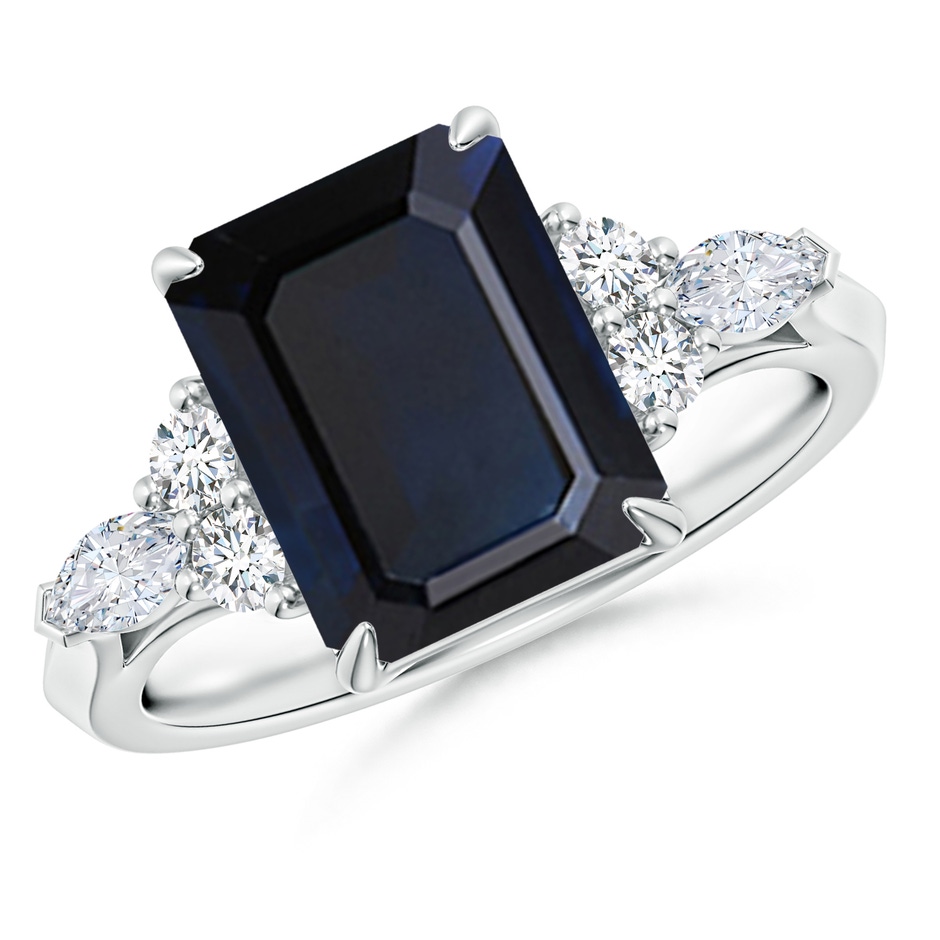 10x8mm A Emerald-Cut Blue Sapphire Side Stone Engagement Ring with Diamonds in 18K White Gold 