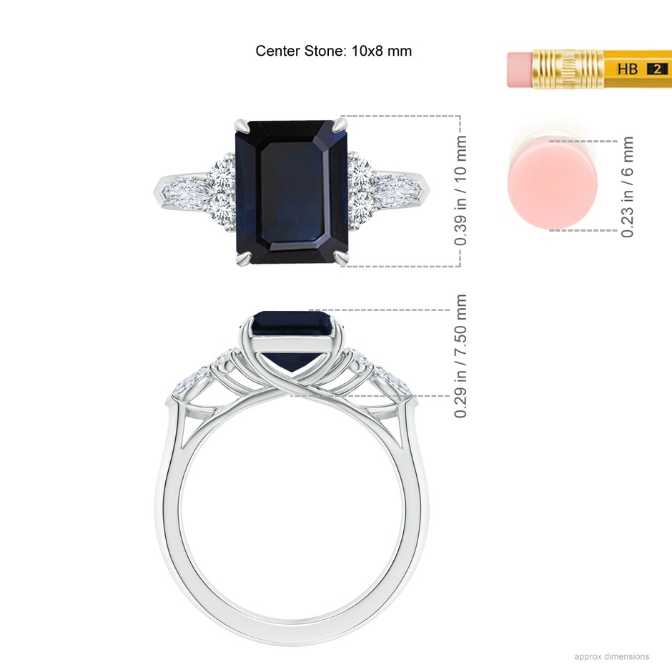 10x8mm A Emerald-Cut Blue Sapphire Side Stone Engagement Ring with Diamonds in 18K White Gold ruler