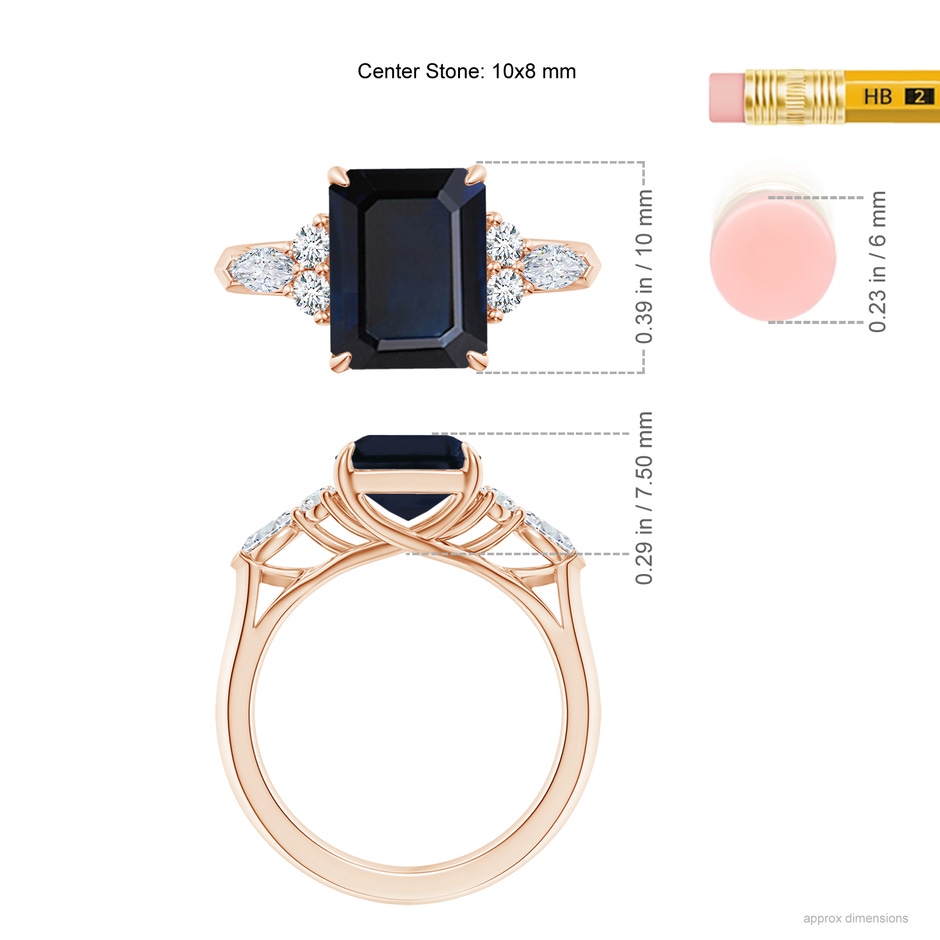 10x8mm A Emerald-Cut Blue Sapphire Side Stone Engagement Ring with Diamonds in Rose Gold ruler