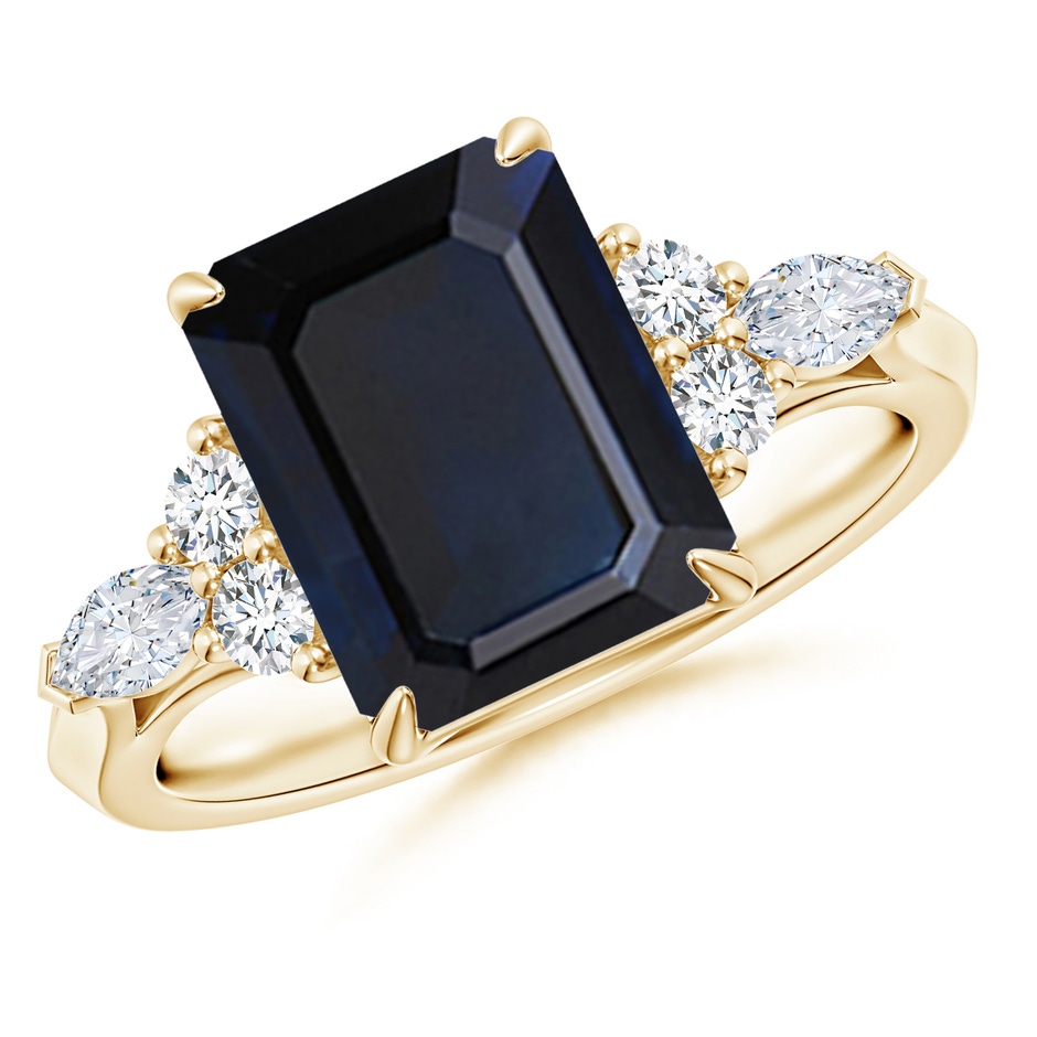 10x8mm A Emerald-Cut Blue Sapphire Side Stone Engagement Ring with Diamonds in Yellow Gold 