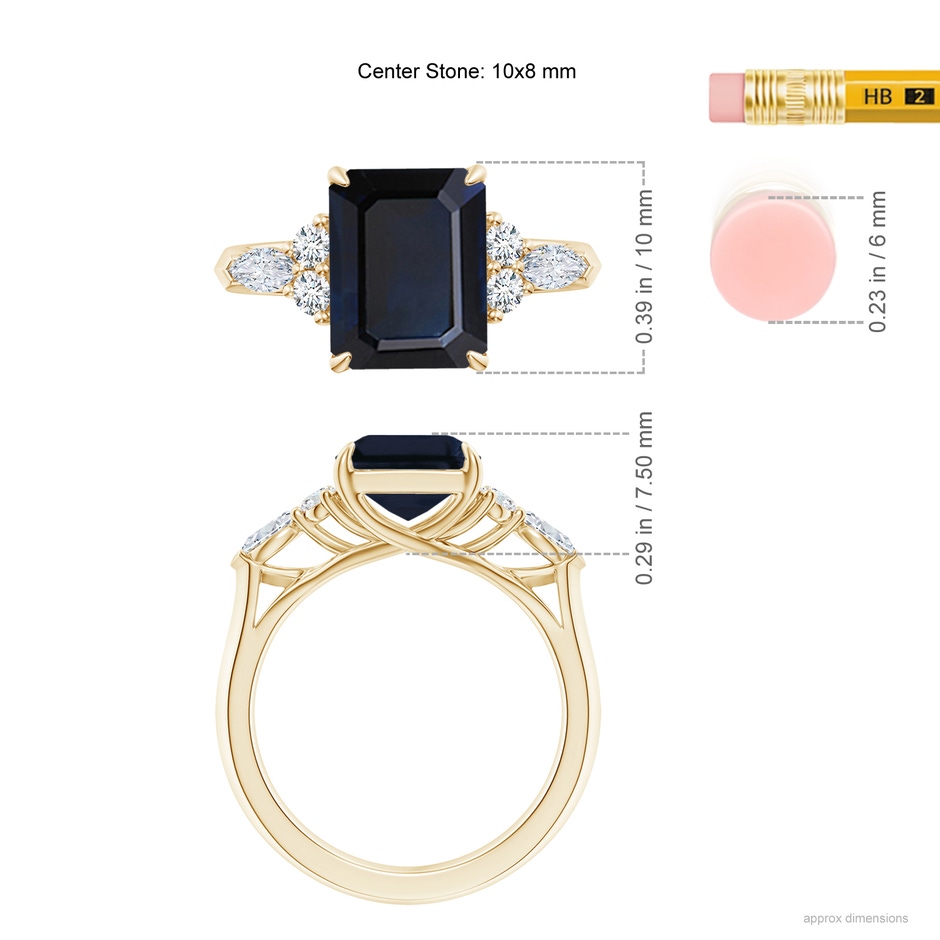 10x8mm A Emerald-Cut Blue Sapphire Side Stone Engagement Ring with Diamonds in Yellow Gold ruler