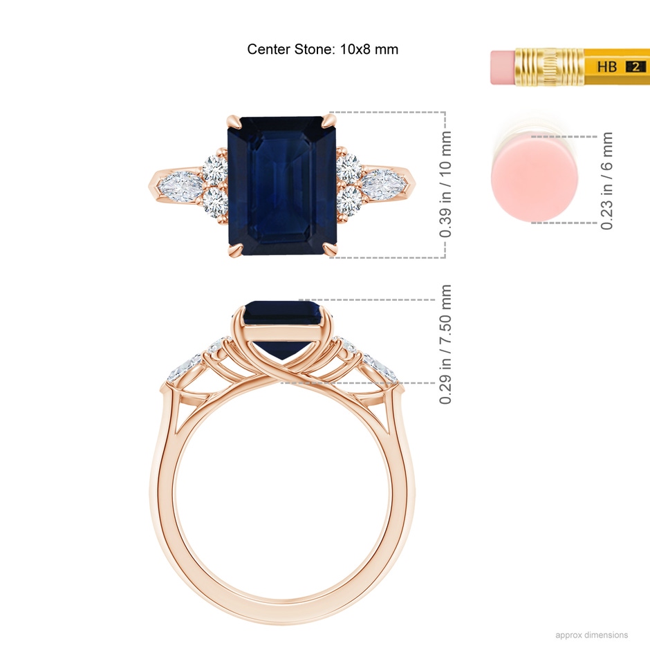 10x8mm AA Emerald-Cut Blue Sapphire Side Stone Engagement Ring with Diamonds in Rose Gold ruler
