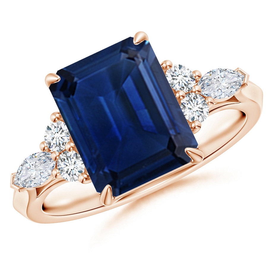 10x8mm AAA Emerald-Cut Blue Sapphire Side Stone Engagement Ring with Diamonds in Rose Gold 