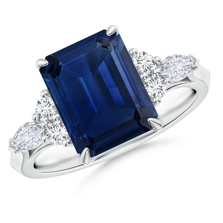 10x8mm AAA Emerald-Cut Blue Sapphire Side Stone Engagement Ring with Diamonds in White Gold 