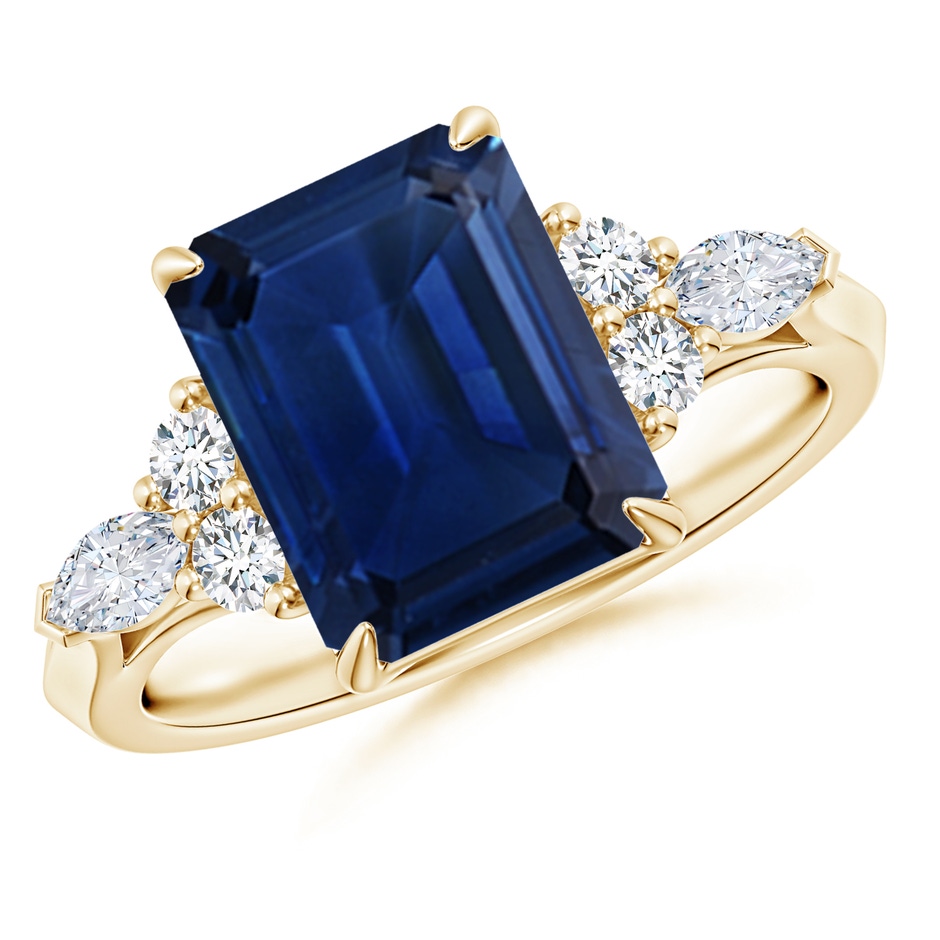 10x8mm AAA Emerald-Cut Blue Sapphire Side Stone Engagement Ring with Diamonds in Yellow Gold 