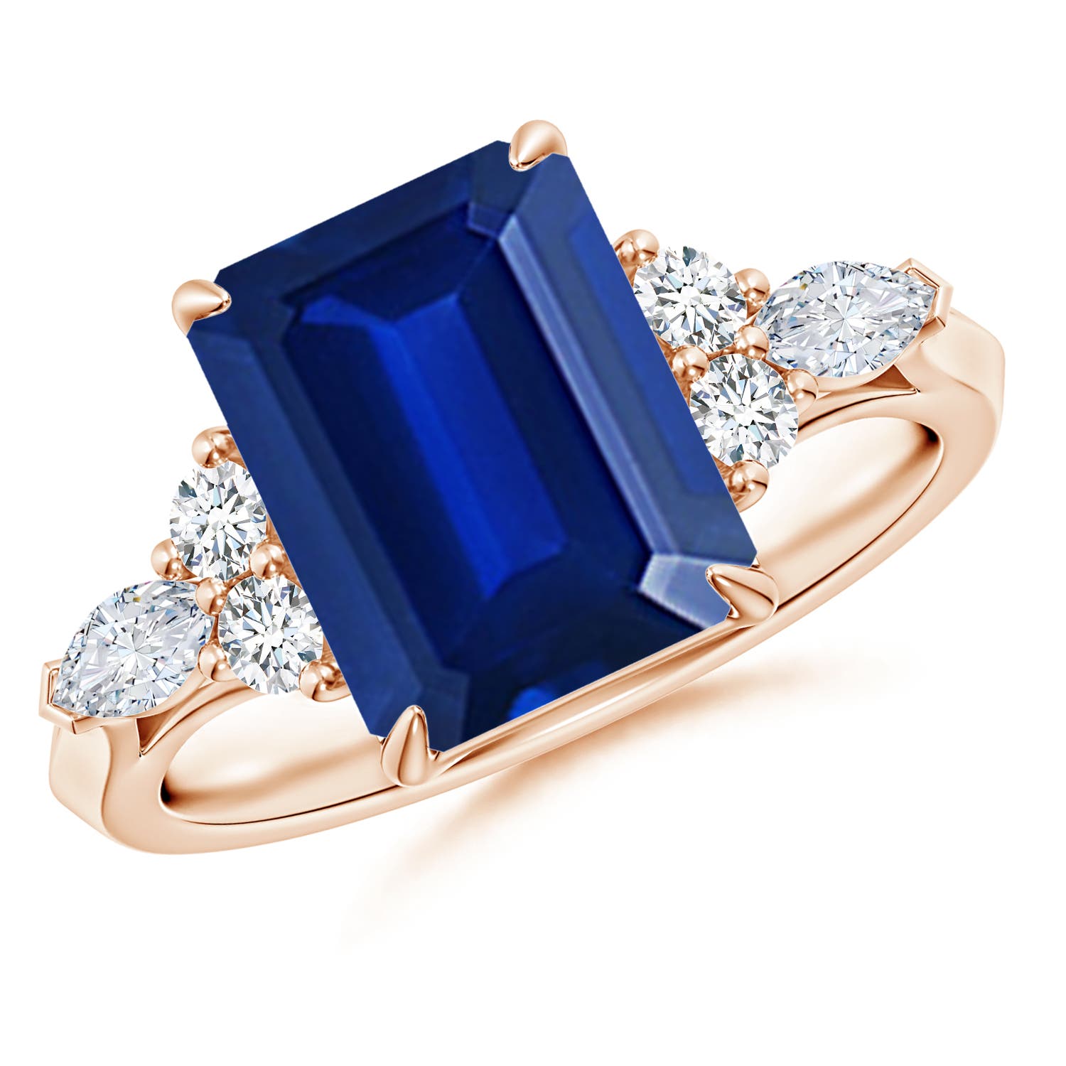 10x8mm AAAA Emerald-Cut Blue Sapphire Side Stone Engagement Ring with Diamonds in 18K Rose Gold