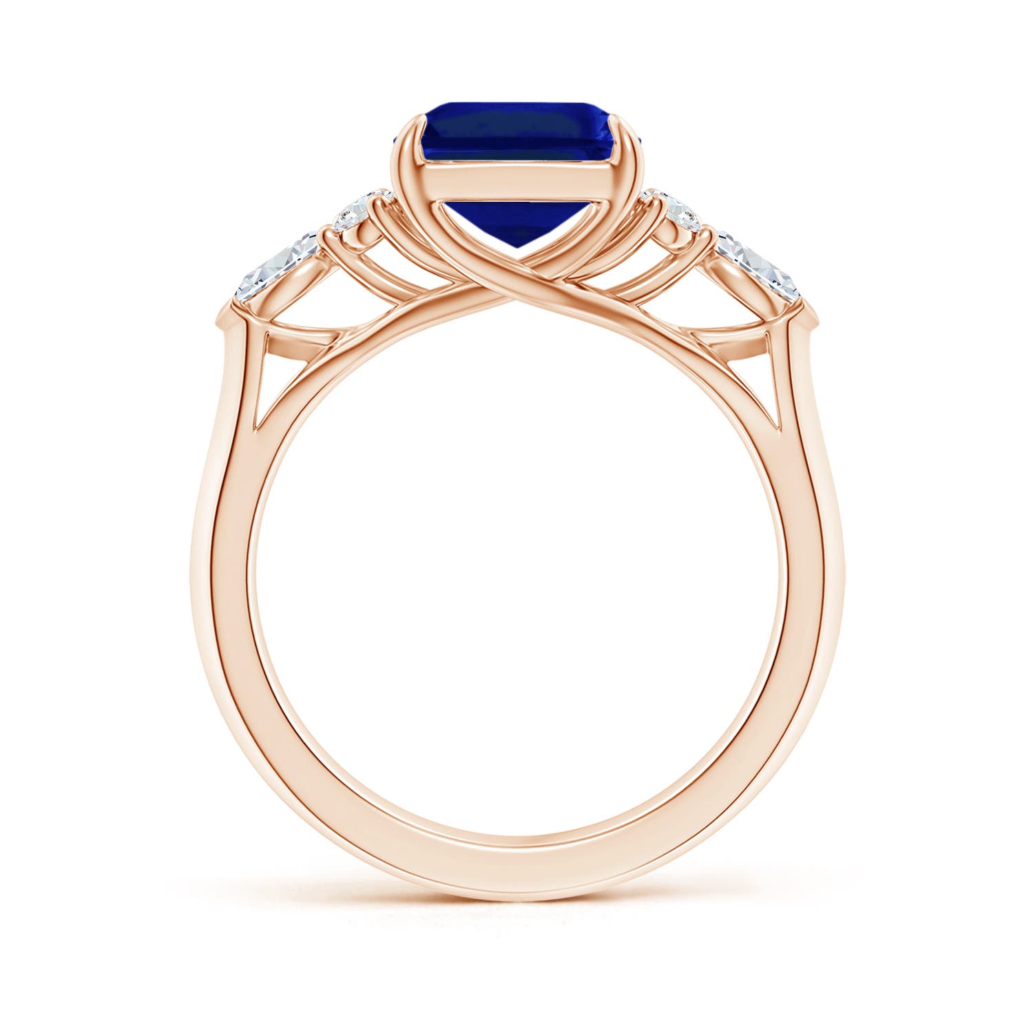 10x8mm AAAA Emerald-Cut Blue Sapphire Side Stone Engagement Ring with Diamonds in 18K Rose Gold