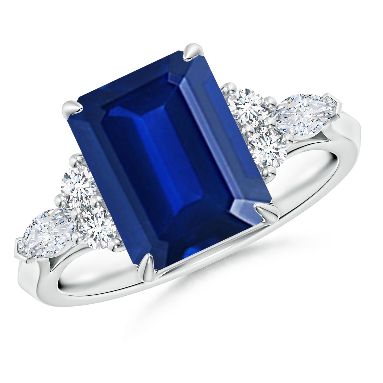 10x8mm AAAA Emerald-Cut Blue Sapphire Side Stone Engagement Ring with Diamonds in 18K White Gold