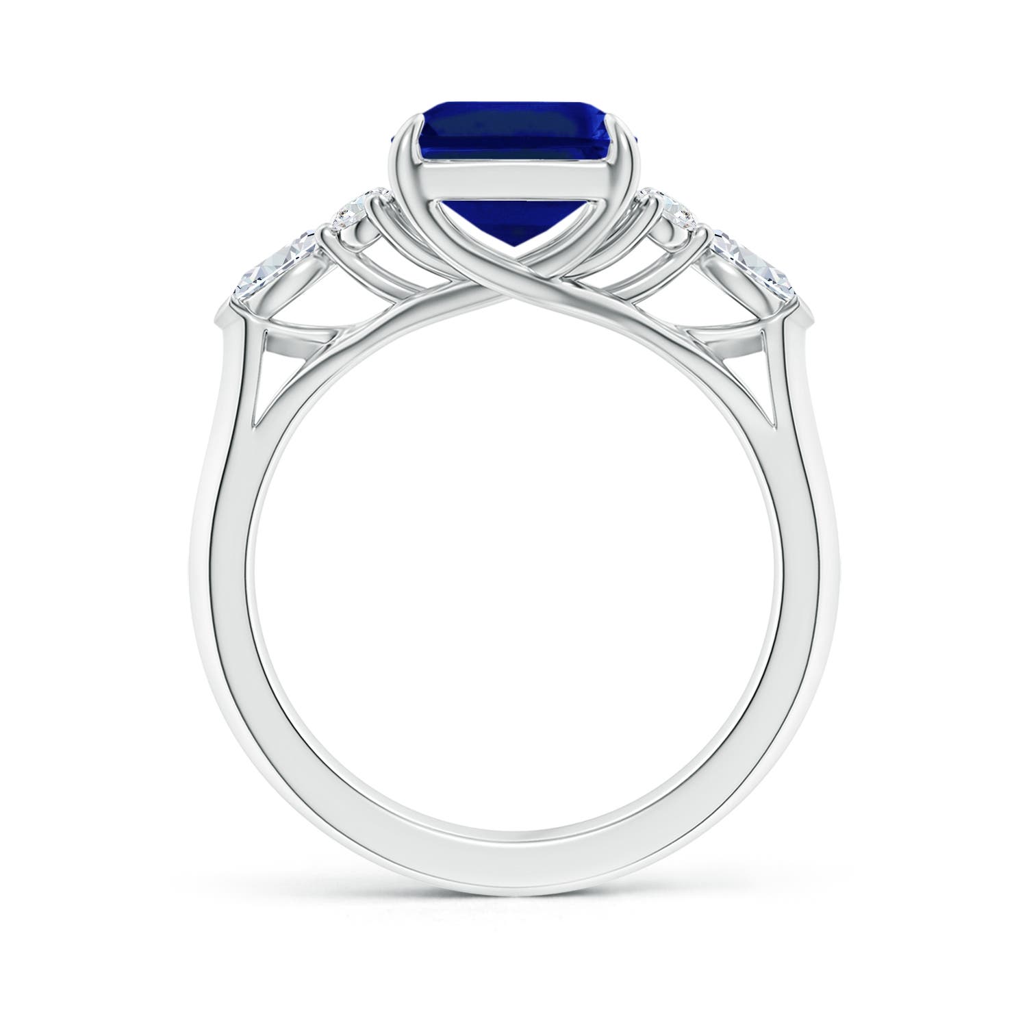 10x8mm AAAA Emerald-Cut Blue Sapphire Side Stone Engagement Ring with Diamonds in 18K White Gold