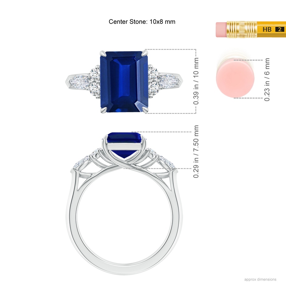 10x8mm AAAA Emerald-Cut Blue Sapphire Side Stone Engagement Ring with Diamonds in P950 Platinum ruler