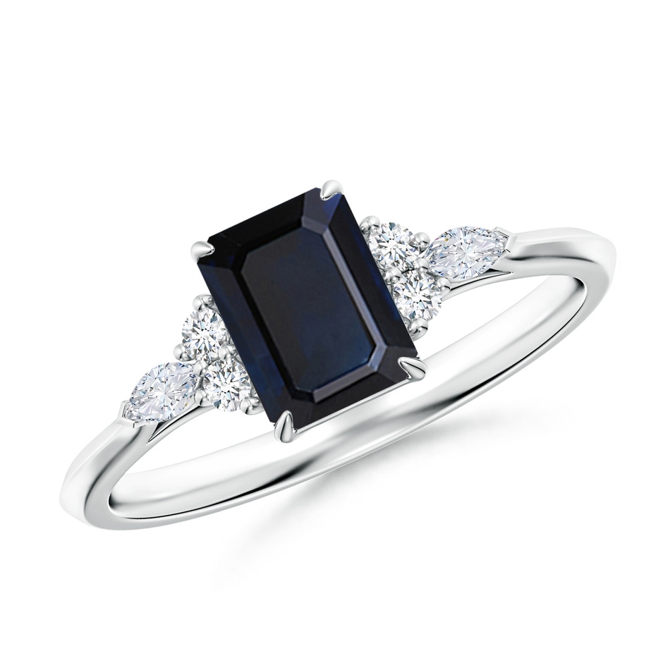 7x5mm A Emerald-Cut Blue Sapphire Side Stone Engagement Ring with Diamonds in White Gold 