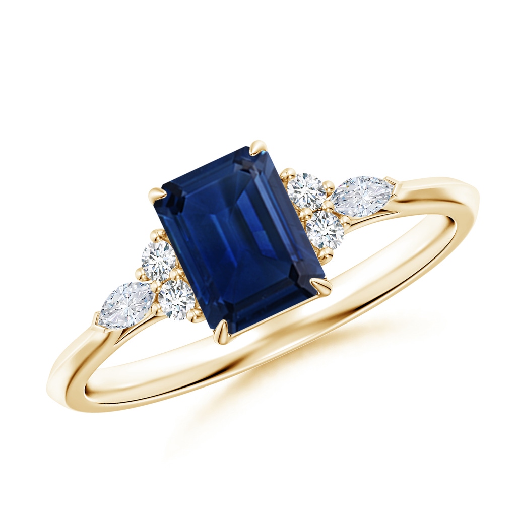 7x5mm AAA Emerald-Cut Blue Sapphire Side Stone Engagement Ring with Diamonds in Yellow Gold