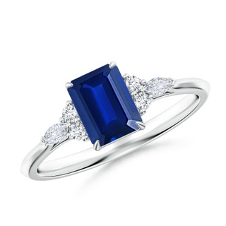 7x5mm Lab-Grown Emerald-Cut Blue Sapphire Side Stone Engagement Ring with Diamonds in P950 Platinum