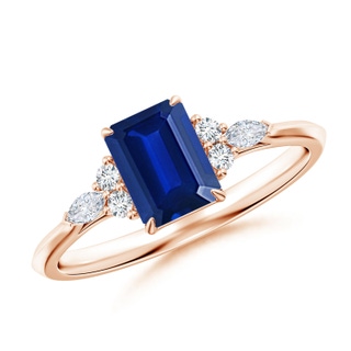 7x5mm Lab-Grown Emerald-Cut Blue Sapphire Side Stone Engagement Ring with Diamonds in Rose Gold