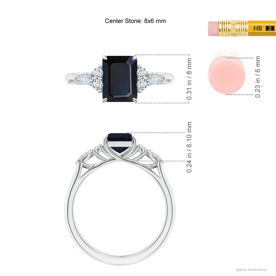 8x6mm A Emerald-Cut Blue Sapphire Side Stone Engagement Ring with Diamonds in White Gold ruler
