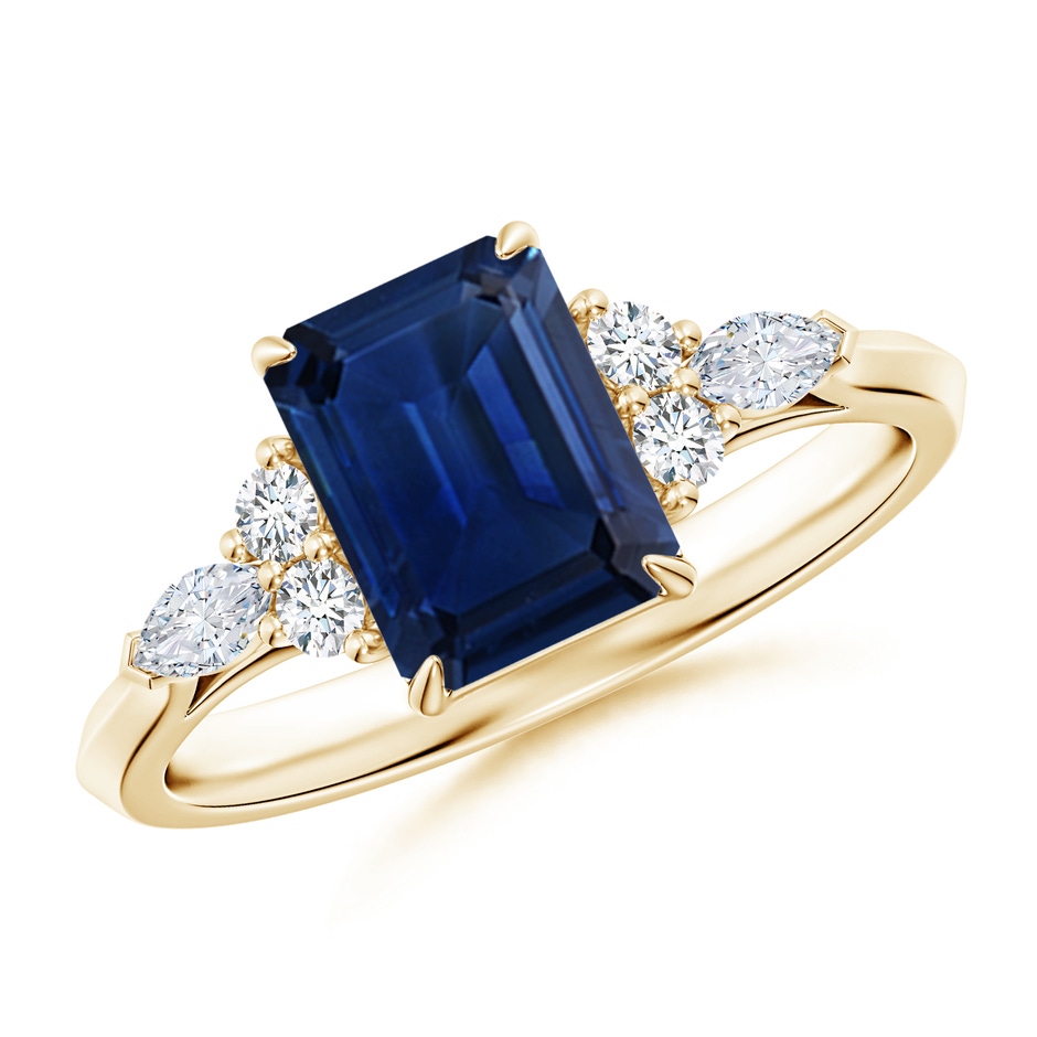 8x6mm AAA Emerald-Cut Blue Sapphire Side Stone Engagement Ring with Diamonds in Yellow Gold 