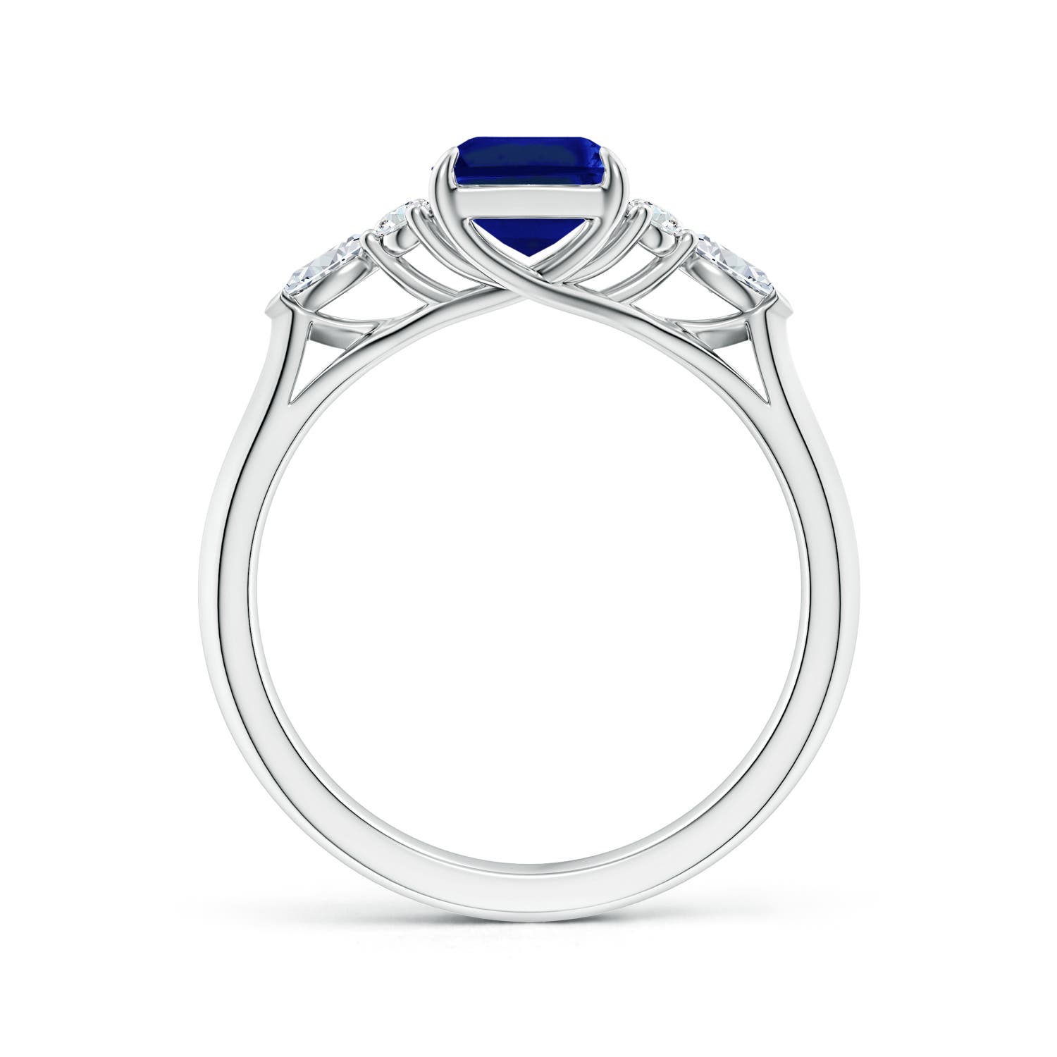 8x6mm AAAA Emerald-Cut Blue Sapphire Side Stone Engagement Ring with Diamonds in 18K White Gold - side 2