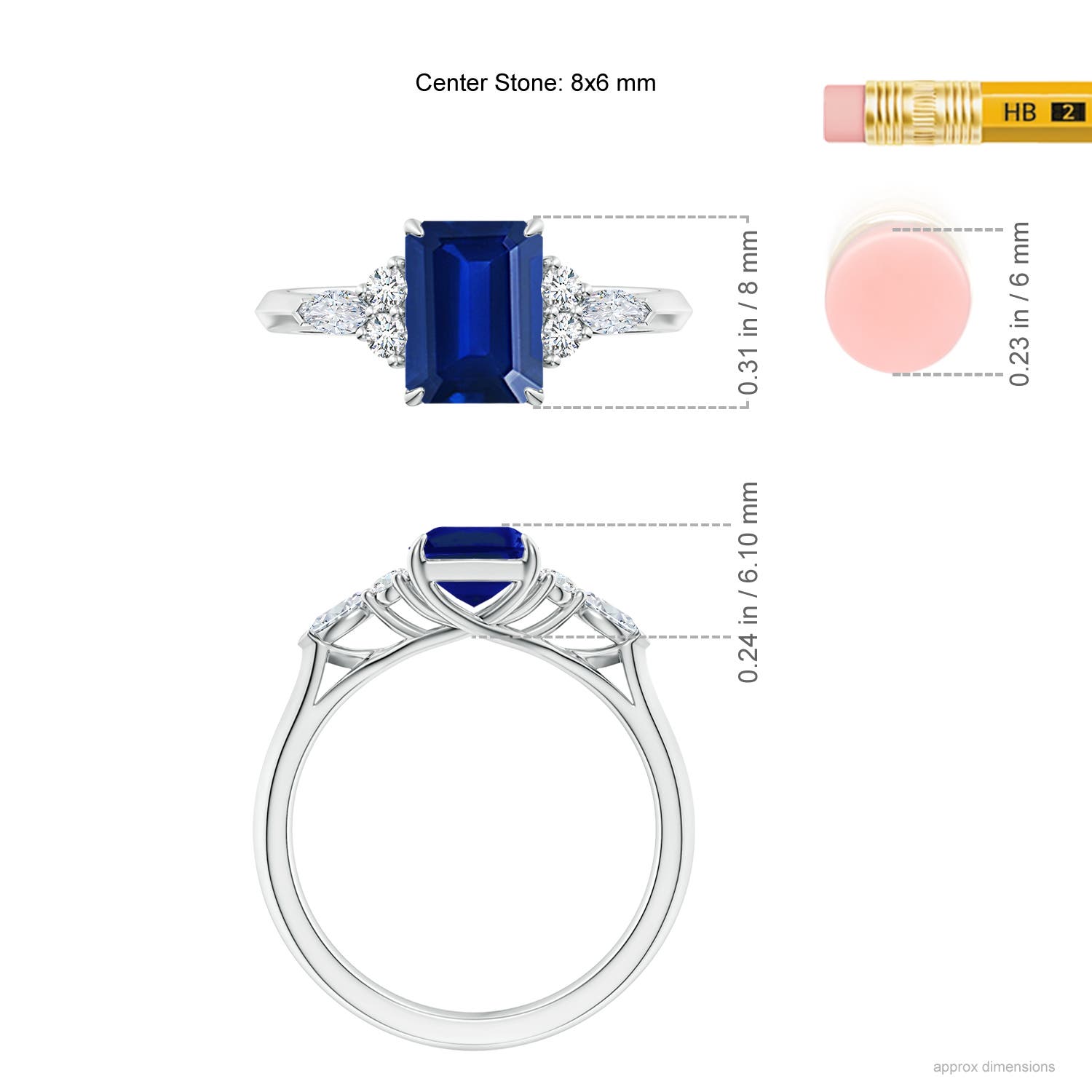 8x6mm AAAA Emerald-Cut Blue Sapphire Side Stone Engagement Ring with Diamonds in 18K White Gold - ruler