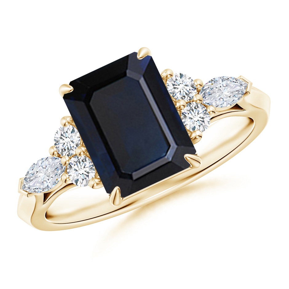 9x7mm A Emerald-Cut Blue Sapphire Side Stone Engagement Ring with Diamonds in Yellow Gold 
