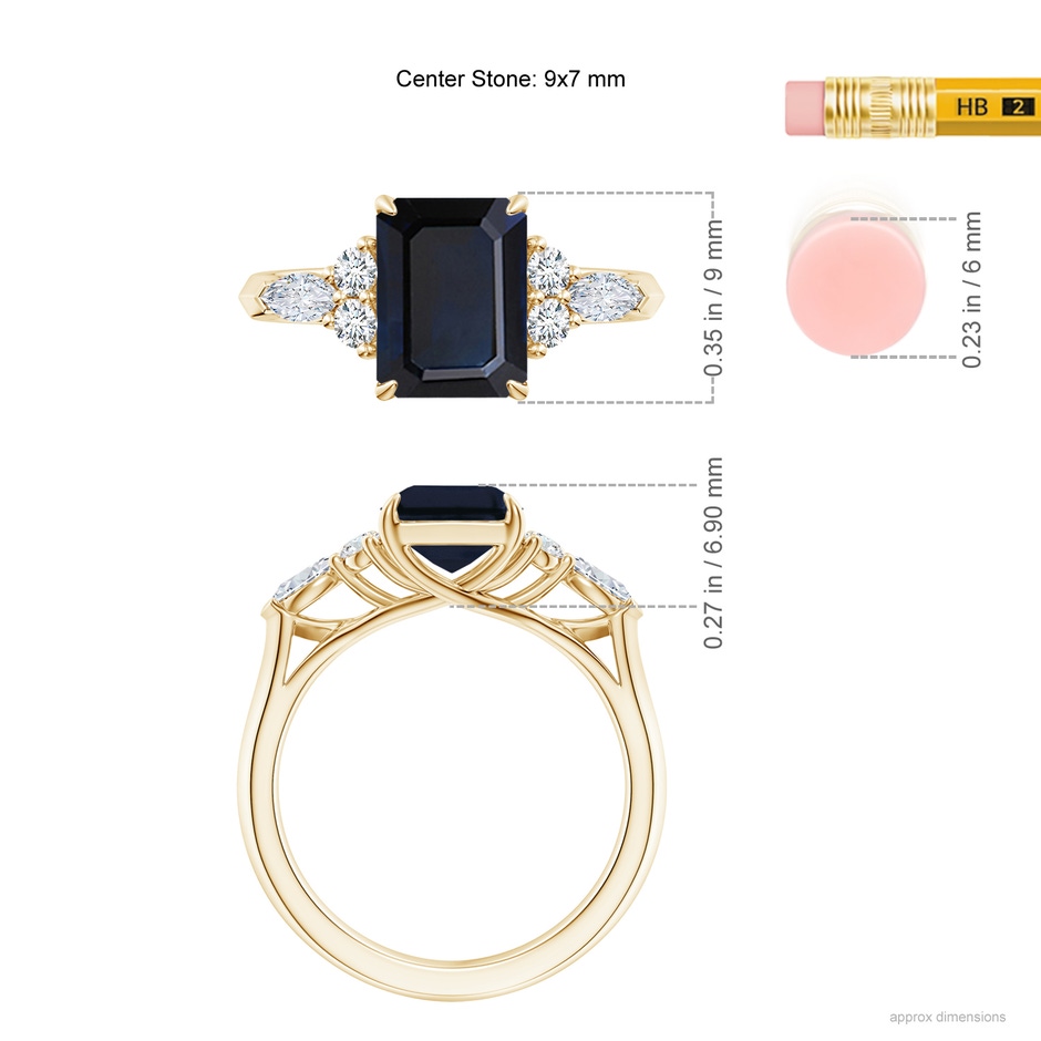 9x7mm A Emerald-Cut Blue Sapphire Side Stone Engagement Ring with Diamonds in Yellow Gold ruler