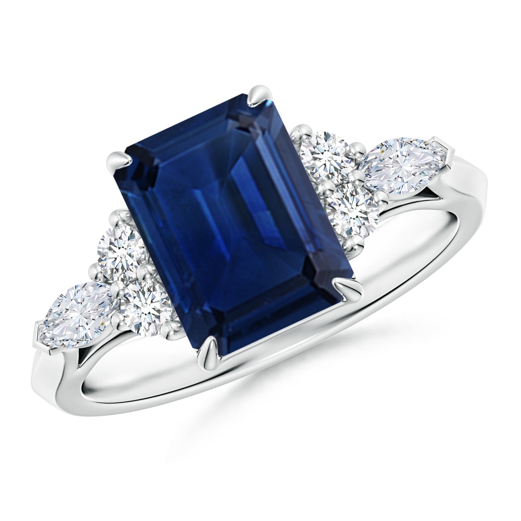 9x7mm AAA Emerald-Cut Blue Sapphire Side Stone Engagement Ring with Diamonds in White Gold