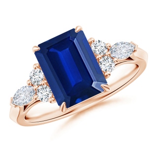 9x7mm AAAA Emerald-Cut Blue Sapphire Side Stone Engagement Ring with Diamonds in 10K Rose Gold