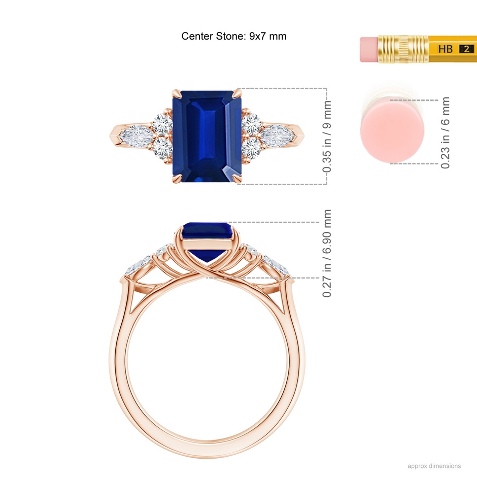 9x7mm AAAA Emerald-Cut Blue Sapphire Side Stone Engagement Ring with Diamonds in Rose Gold ruler