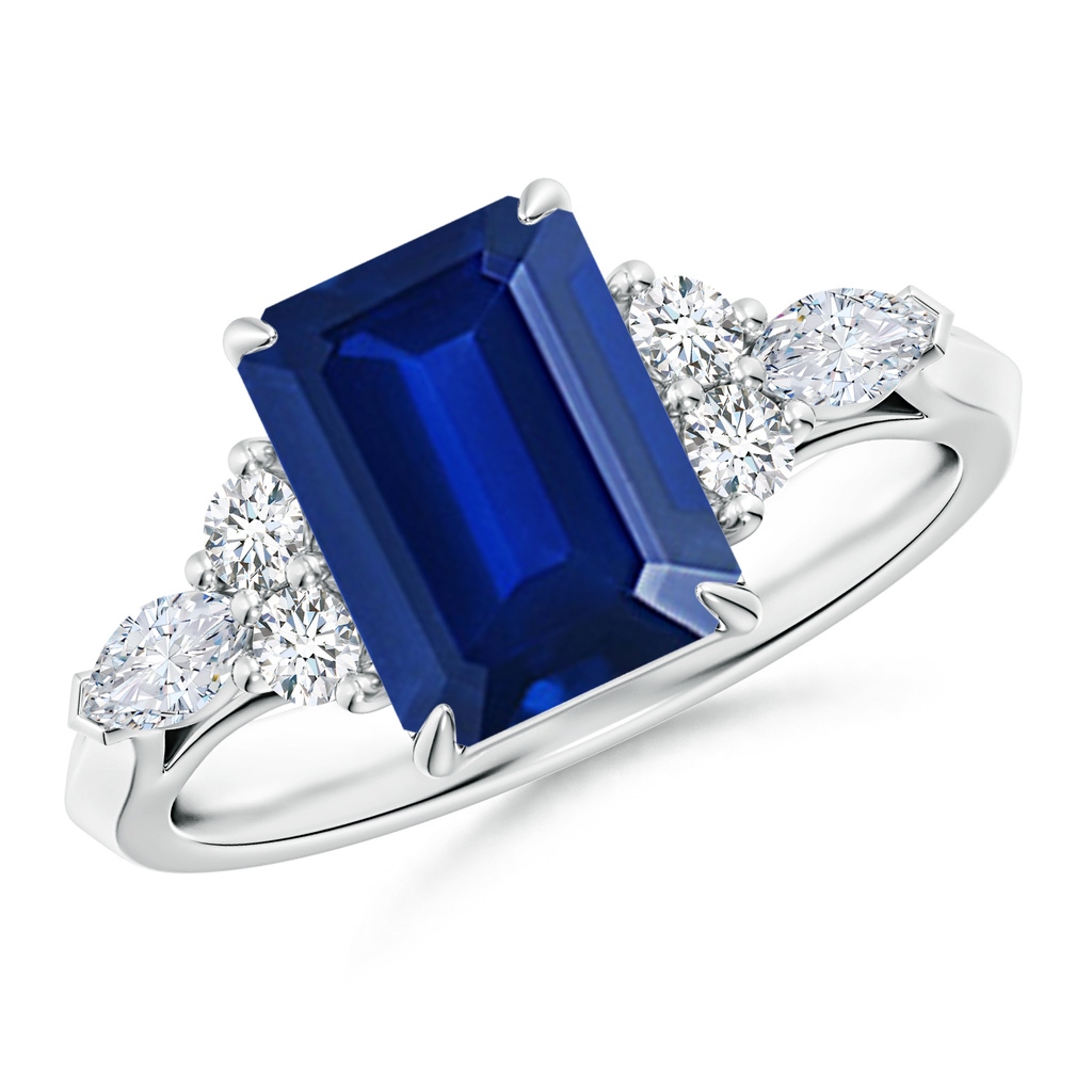 9x7mm Lab-Grown Emerald-Cut Blue Sapphire Side Stone Engagement Ring with Diamonds in White Gold