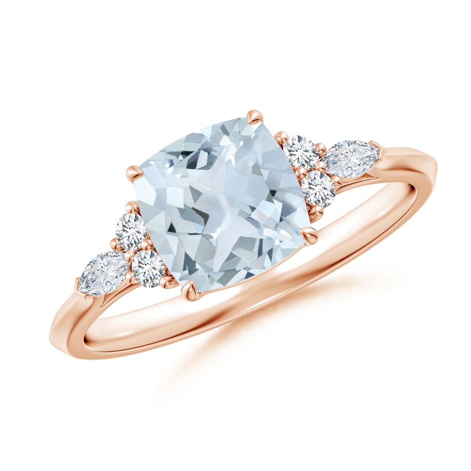 7mm A Cushion Aquamarine Side Stone Engagement Ring with Diamonds in Rose Gold 
