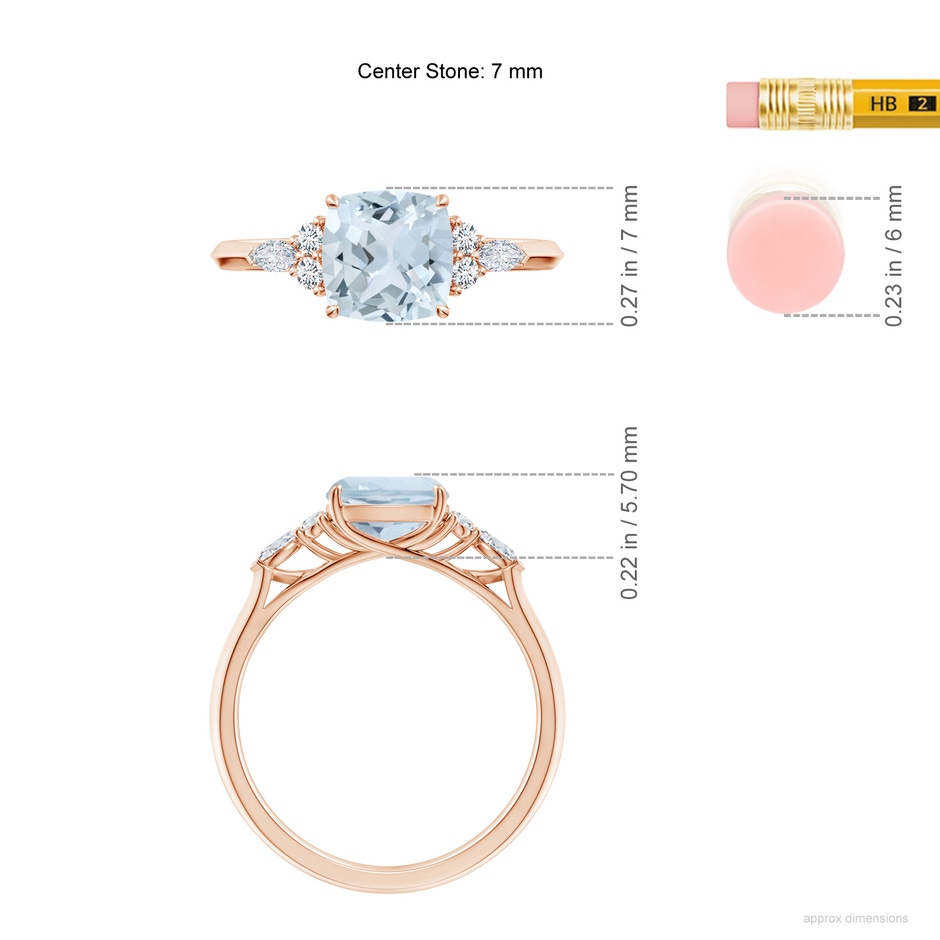 7mm A Cushion Aquamarine Side Stone Engagement Ring with Diamonds in Rose Gold ruler