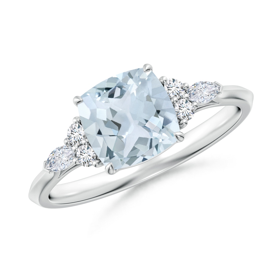 7mm A Cushion Aquamarine Side Stone Engagement Ring with Diamonds in White Gold 
