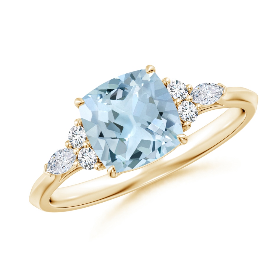 7mm AA Cushion Aquamarine Side Stone Engagement Ring with Diamonds in 9K Yellow Gold 