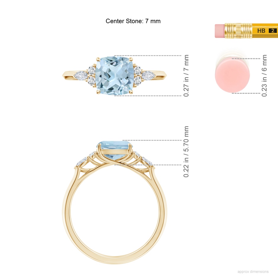 7mm AA Cushion Aquamarine Side Stone Engagement Ring with Diamonds in 9K Yellow Gold ruler