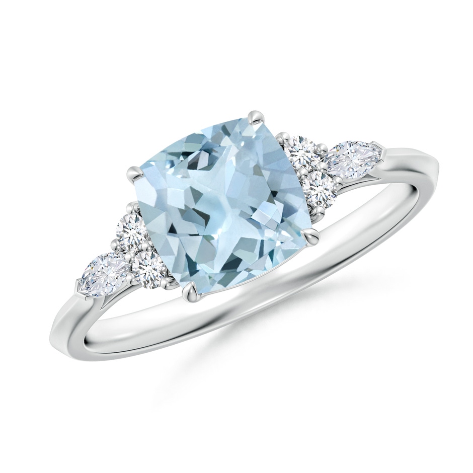 7mm AA Cushion Aquamarine Side Stone Engagement Ring with Diamonds in S999 Silver 